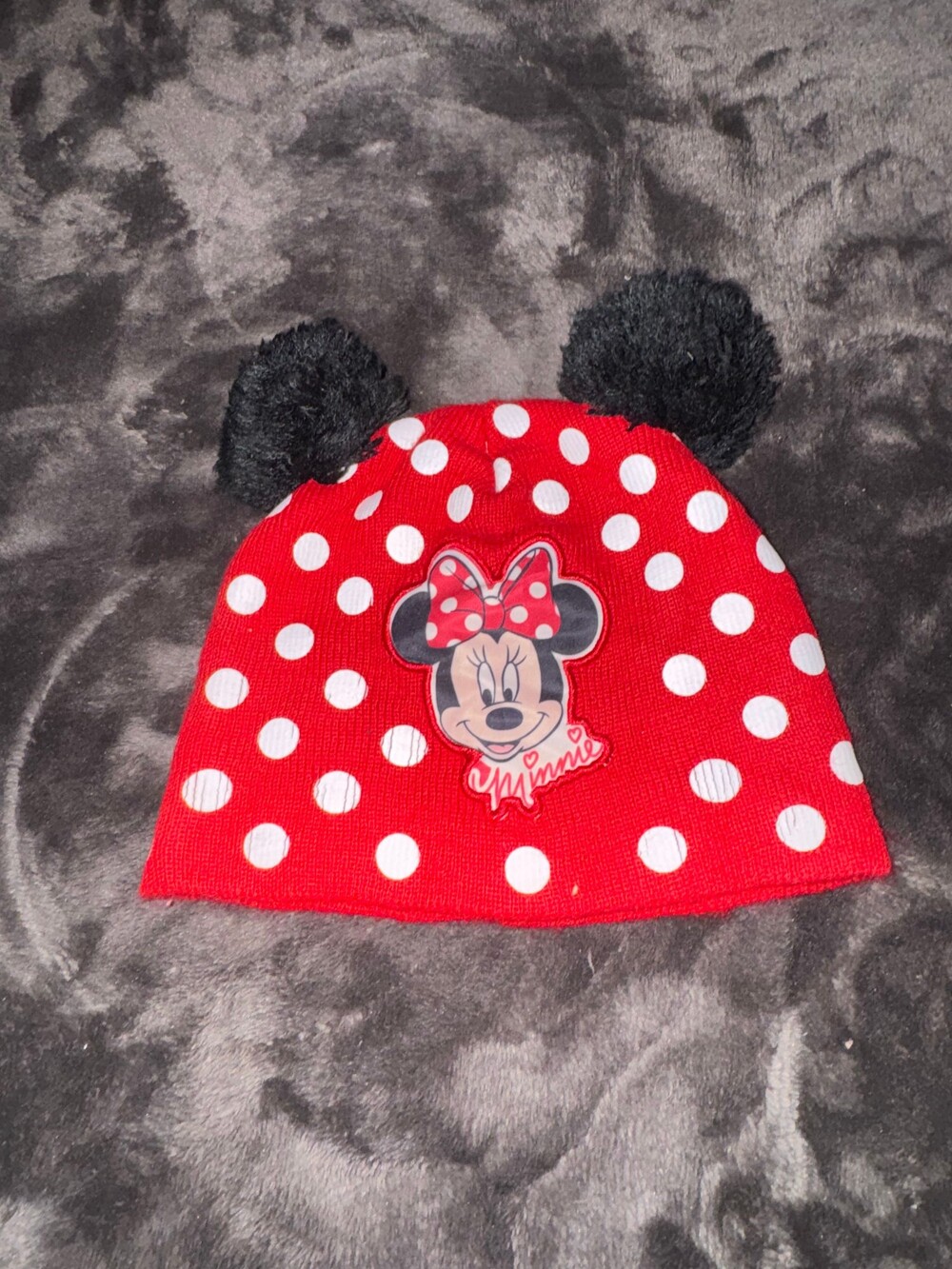 Disney Minnie Mouse Red Polka Dot Winter Hat with Black Pom Pom Ears
